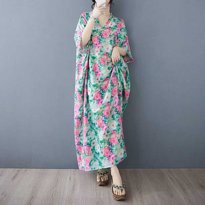 Summer Color Travel V-neck Retro Long Skirt Cotton Linen Dress