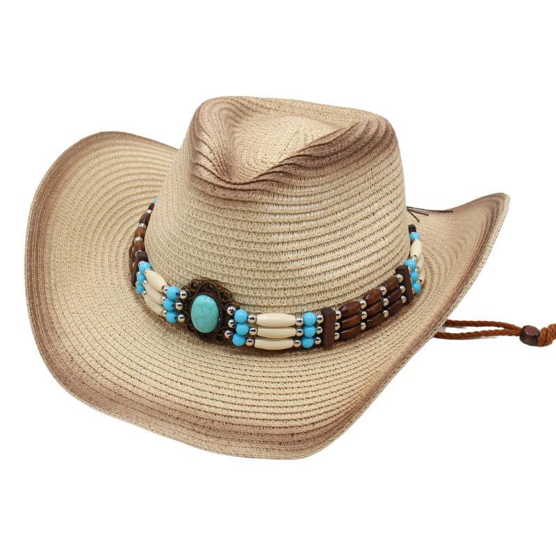 Gem Western Cowboy Straw Hat Seaside Sunscreen Sun Hat Ethnic Breathable Hand Woven Beach Hat