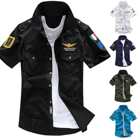 Military Men Letter Embroidery Patch Pocket Slim Button Down Short Sleeve Shirt