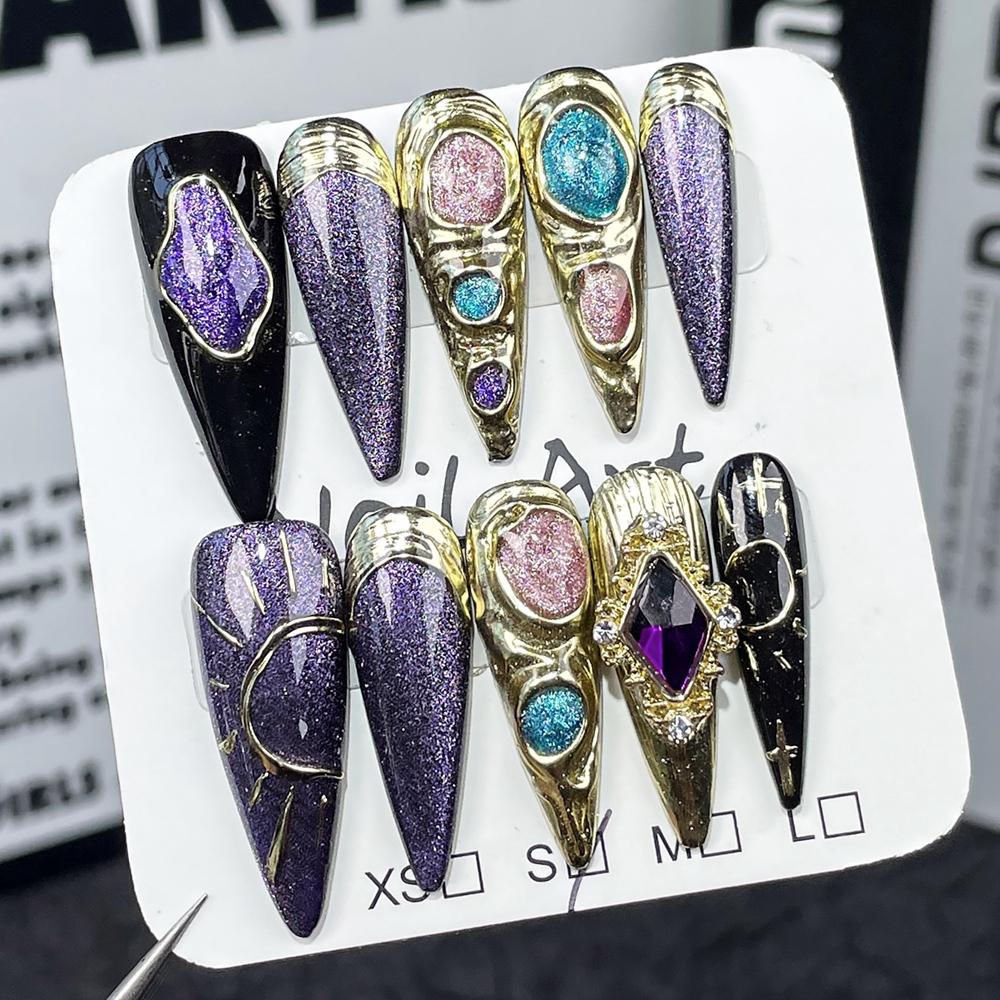 Handmade Y2K Metallic Gradient Luxury Long Stiletto Reusable Press On Nails Artificial Tips