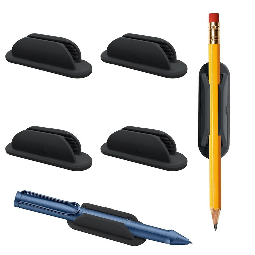 SensaBliss Adhesive Silicone Pen Clips, Set of 6, Pencil and Ballpoint Pen Holders, Desk Accessories, Non-Slip, Teacher Accessories (Black)
