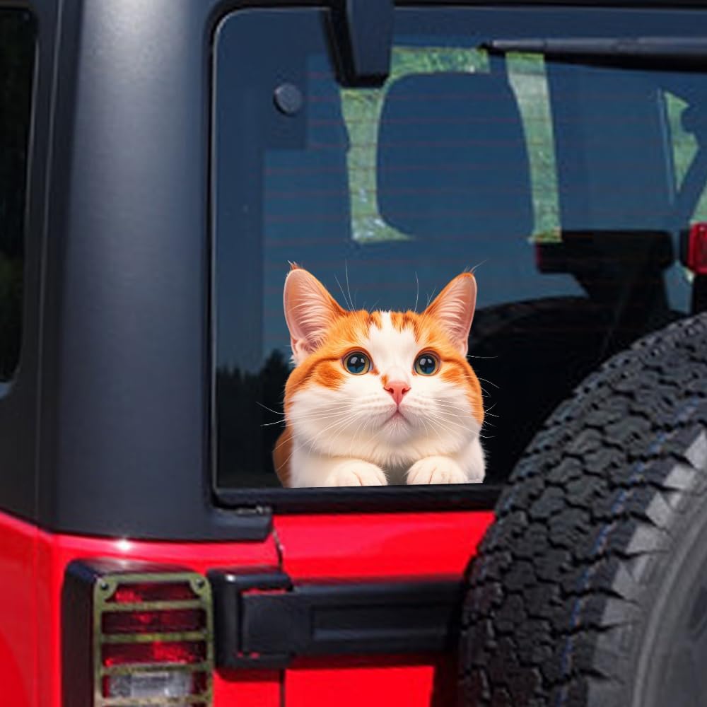 Cat Car Window Decals Funny 3D Waterproof Decals,Orange Cat Stickers,PVC Realistic Automotive Sticker, for Refrigerator,Toilet, Wall.Bathroom,1pcs