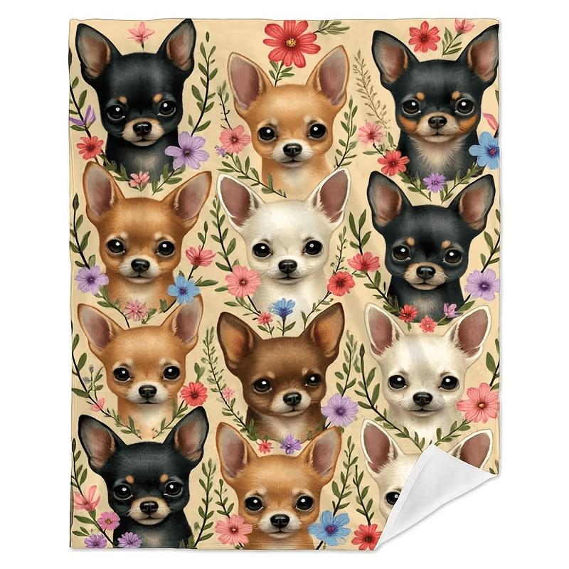 Chihuahua Dog Floral Flannel Throw Blanket, Cute Chihuahua Puppy Flower Print Soft Cozy Blanket for Dog Lover Sofa Bedroom Pet Home Gift