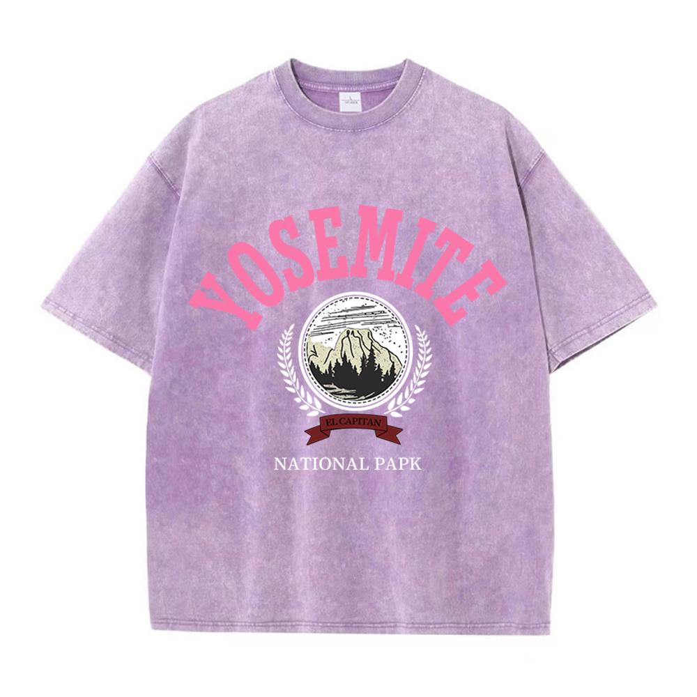 Women Cotton Washed T-Shirts Fashion Design Yosemite National Papk Printing Tops O-Neck Loose Distressed Casual Clothes