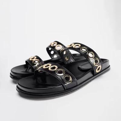 Soft Sole Summer Woman Beach Shoes Black Metal Circle Ladies Flat Slippers Large Size Open Toe Leisure Outdoor Vacation Slides