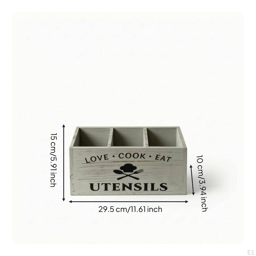 Rectangular Wooden Utensil Storage Box Distressed Gray Three Compartment Organizer Divided