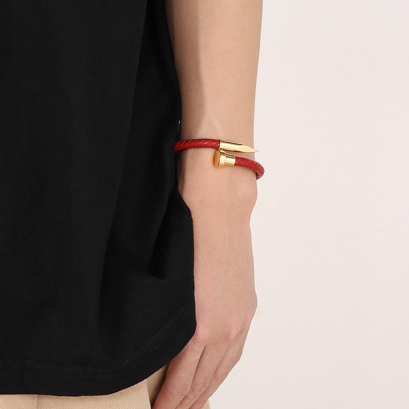 Men's Leather Magnetic Clasp Bracelet with Stainless Steel Nails