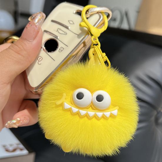 Monster-Inspired Plush Keychain Soft Fuzzy Fur Ball with Big Eyes & Teeth Eye-catching Bag Charm for Keys Backpacks Fun Gift for Teens & Adults