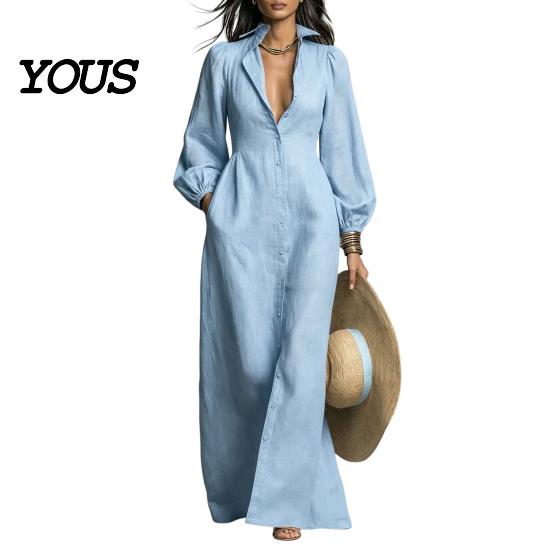 Autumn Women Dresses Button Front Shirt Dress, Long Sleeve Turn-down Collar Collared Style Solid Color Cinched Waist Dress for Daily Office Casual