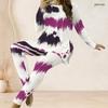 Women Plus Size Printed Two Piece Set Round Neck Long Sleeve Side Slit Long Top Fitted Pants