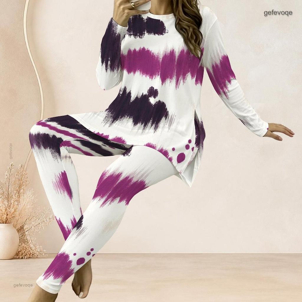 Women Plus Size Printed Two Piece Set Round Neck Long Sleeve Side Slit Long Top Fitted Pants