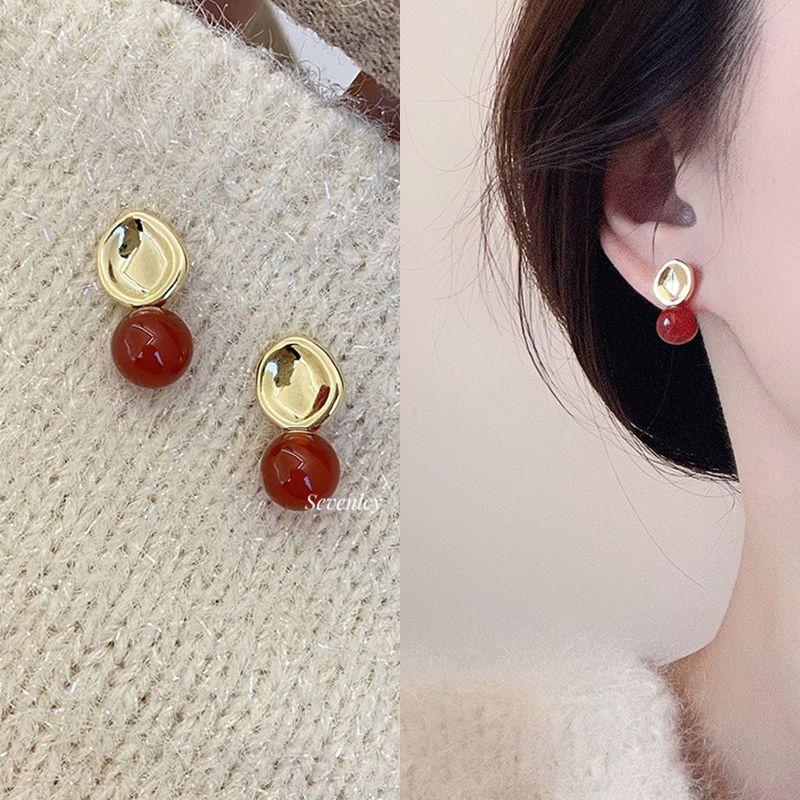 Bean Earrings Red Contrasting Color Drip Oil Women's Earrings French Artistic Design Exquisite Fashion Simple Jewelry Gifts