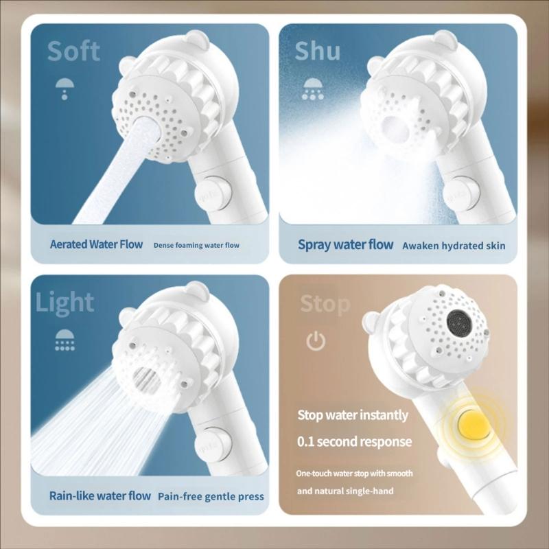 Bathroom Shower Head Replacement with Stop Button, Bear Theme Hand Shower Head for Daily Family Bath Use and Care