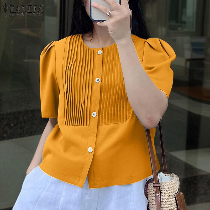 ZANZEA Women Casual Round Neck Summer Short Sleeve Button Blouse