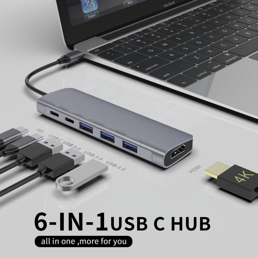 6 in 1 Aluminum Thunderbolt 3 Usb Hub Type-c Plug to 1*HD 4K+1*PD 100W+1*type-c Data+3*USB-A 3.0 Docking Station USB HUB