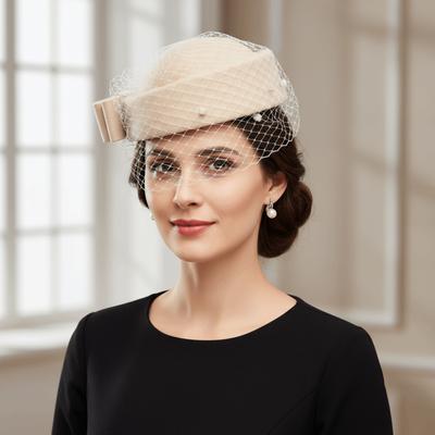 British Style Pillbox Hat Solid Color Topper Hat Elegant Wool Bow Hat with Veil  Wedding