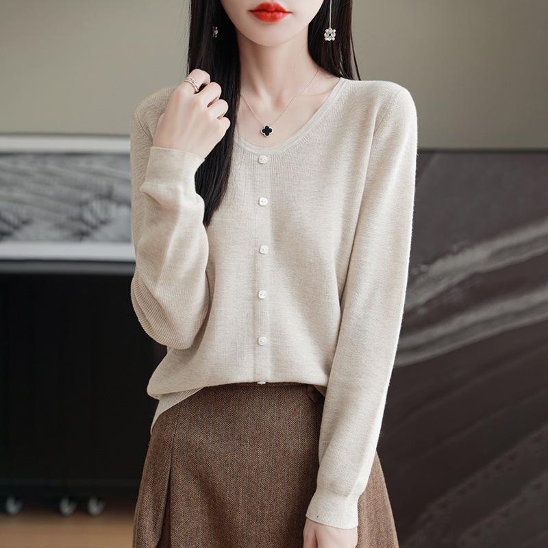 Women's 100% Fine Wool V-neck Loose Cardigan - Single-Breasted Solid Color, Casual Fashion