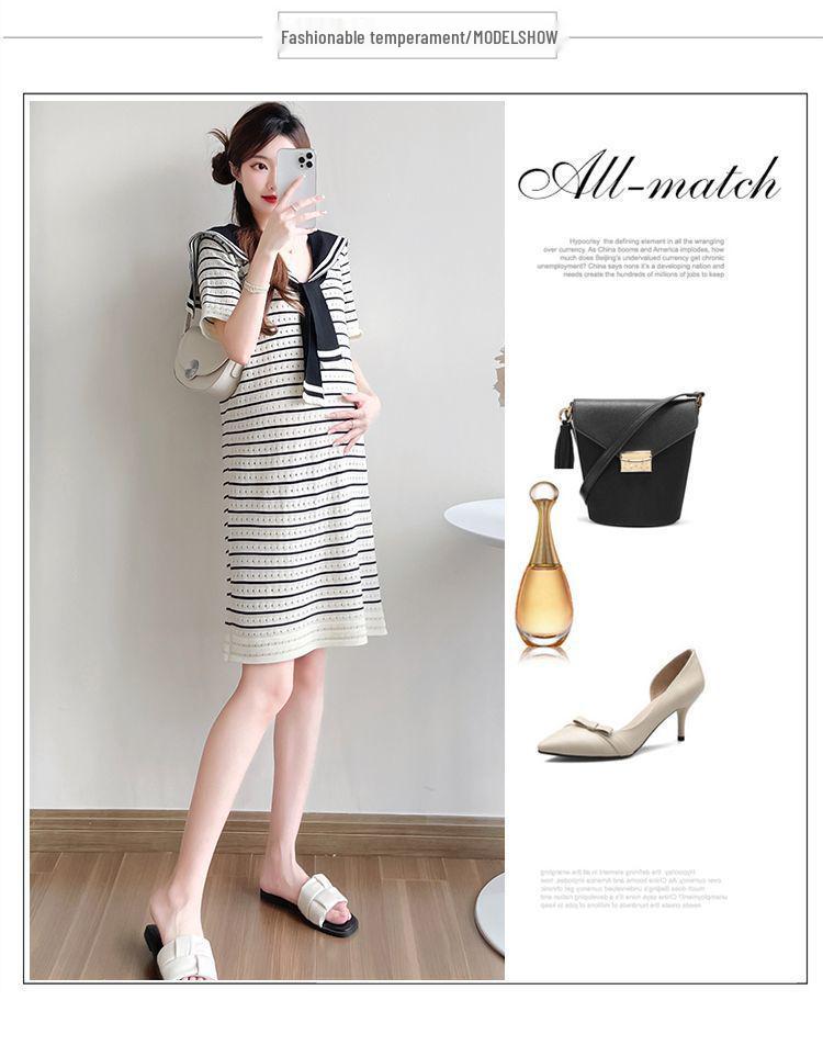 Navy Striped Korean Style Maternity Summer Dress, Casual Loose Fit, Slimming Ice Silk Knit with Hollowed-Out Details