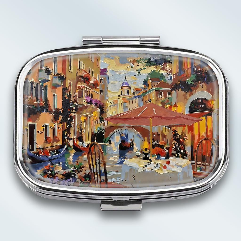 Portapillole Portatile con 2 Scomparti, Mini Custodia Organizer in Metallo per Medicine, Carino Contenitore Stampato per Pillole, Vitamine, Gioielli, Viaggio, Uso Quotidiano