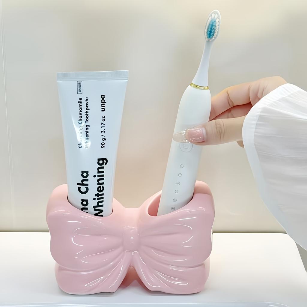 Visually Appealing Ceramic Toothbrush Holder with Bow Design Moisture-Resistant Bathroom Organizer, Freestanding Modern Vanity Decor for Countertop,