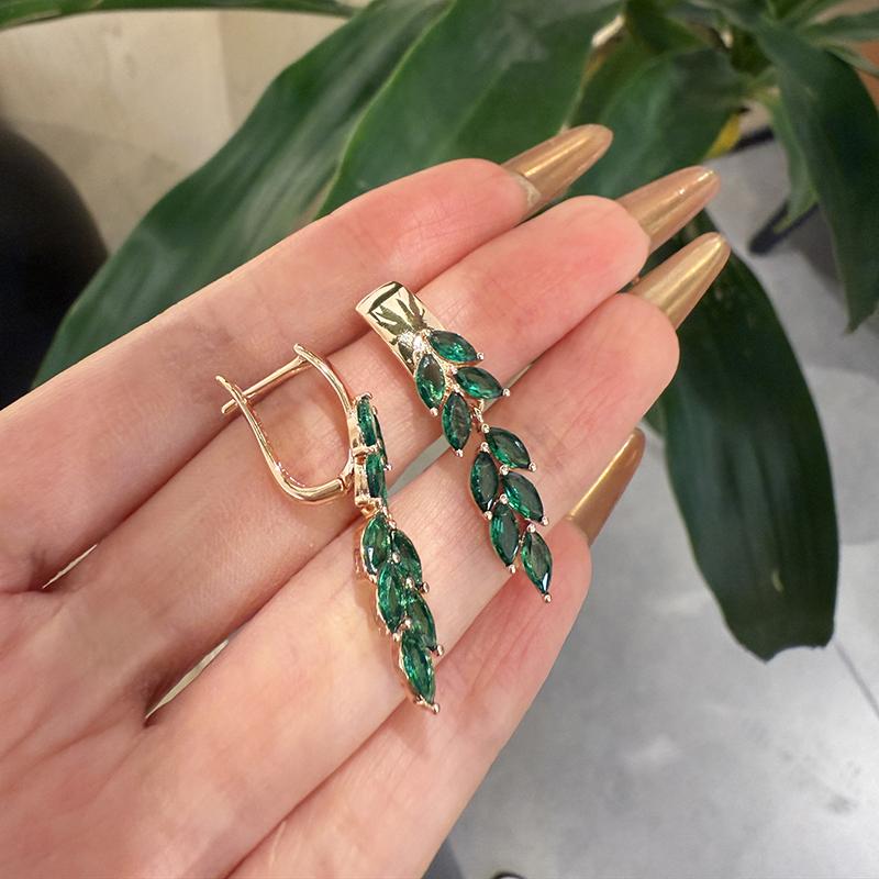 Green Leaf Zircon Dangle Earrings For Women Rose Gold Color Luxury Jewelry Gift Bride Wedding Earrings