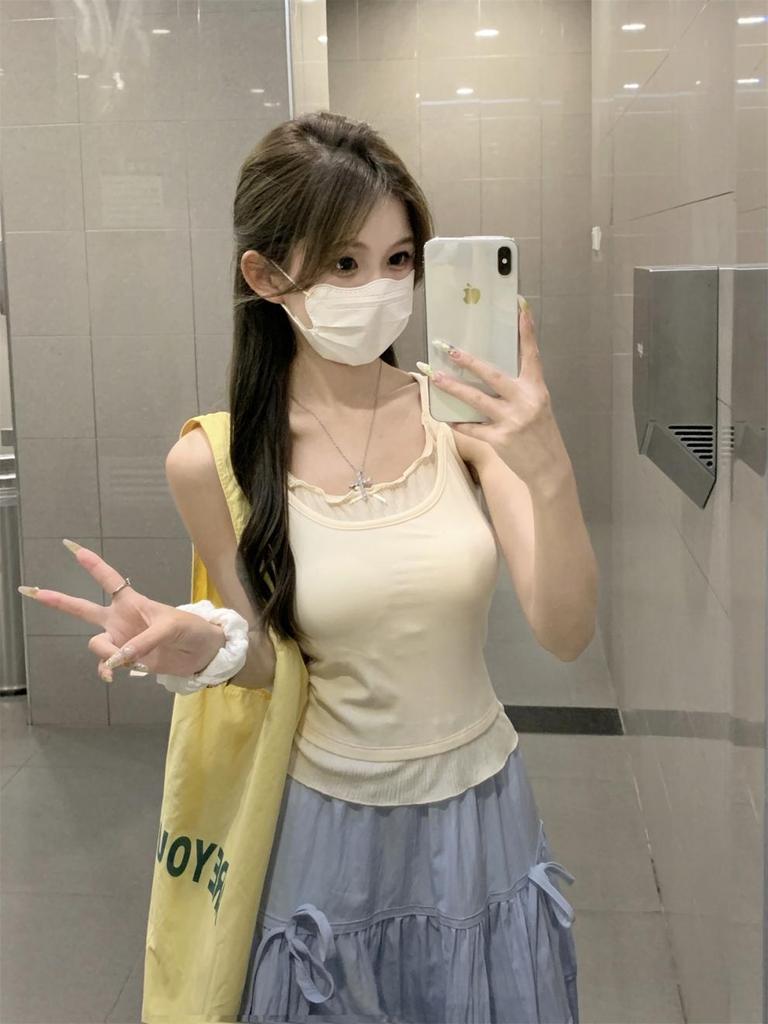 Sommer Koreanischer Stil Schlanke Passform Kontrastfarbe Zweiteiliges Design Camisole - Reines Baumwoll-Westen-Top
