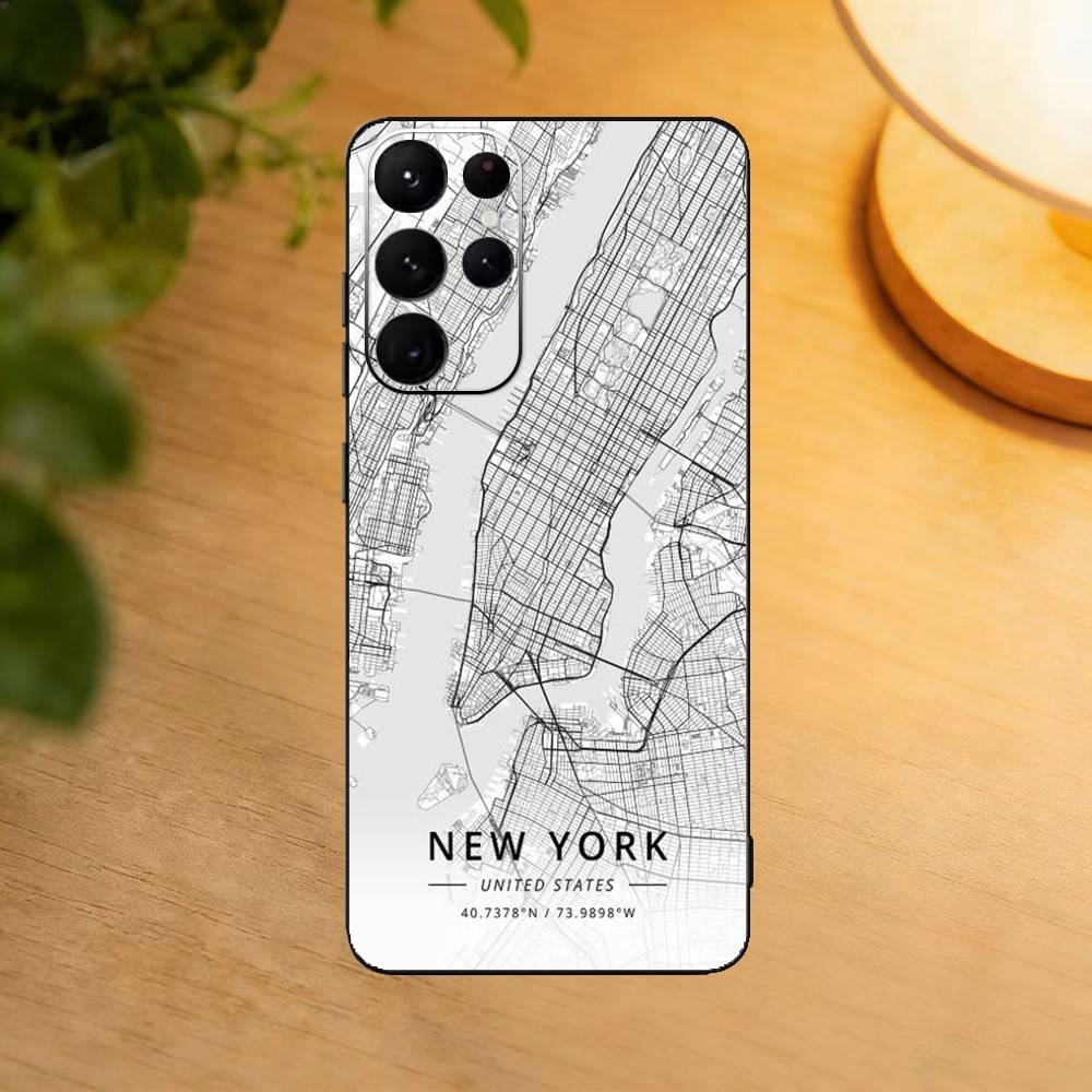 Famous City Sketch City Map Phone Case For Samsung S25,S24,S21,S22,S23,S30,Ultra,S20,Plus,Fe,Lite Black Shell