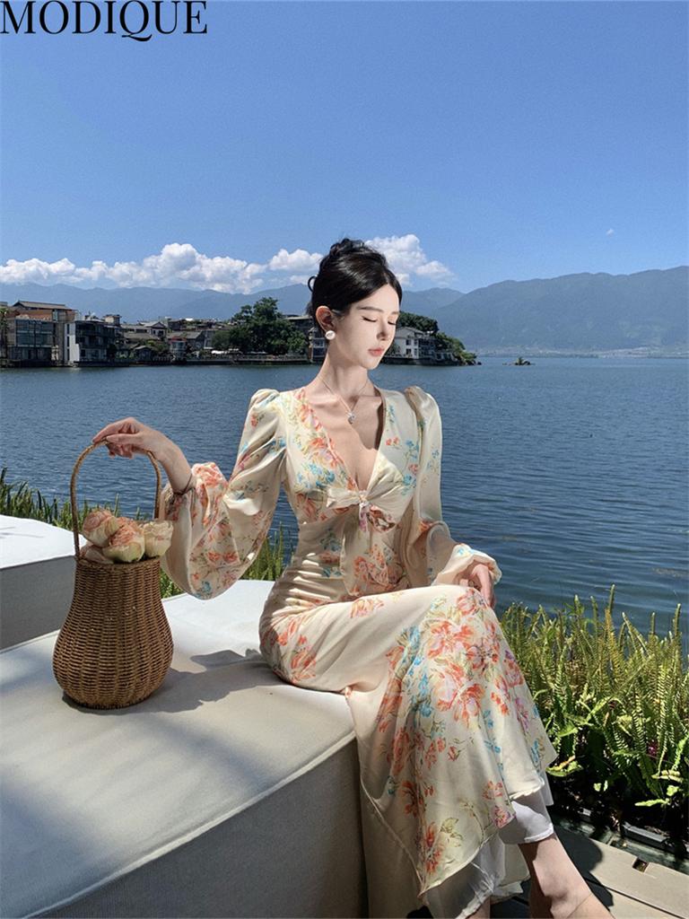 MODIQUE Spring Summer Women Elegant Floral Print Beach Backless Hip Wrap Fishtail Long Dresses Holiday Lady Fairycore Sexy V-Neck Puff Sleeve Dresses