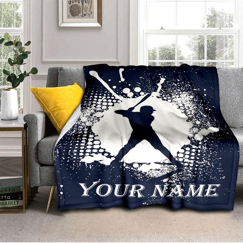 1PC Custom Name Baseball Player Silhouette Flannel blankets Patterns Throw Blanket All-Season Soft Gift for Couch, Bed, Camping gifts