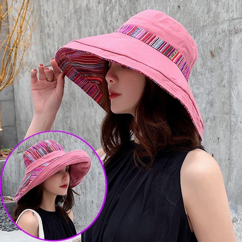 Ethnic style double-sided bucket hat women's big edge Internet celebrity versatile summer hat women's sun protection hat sun hat spring and autumn