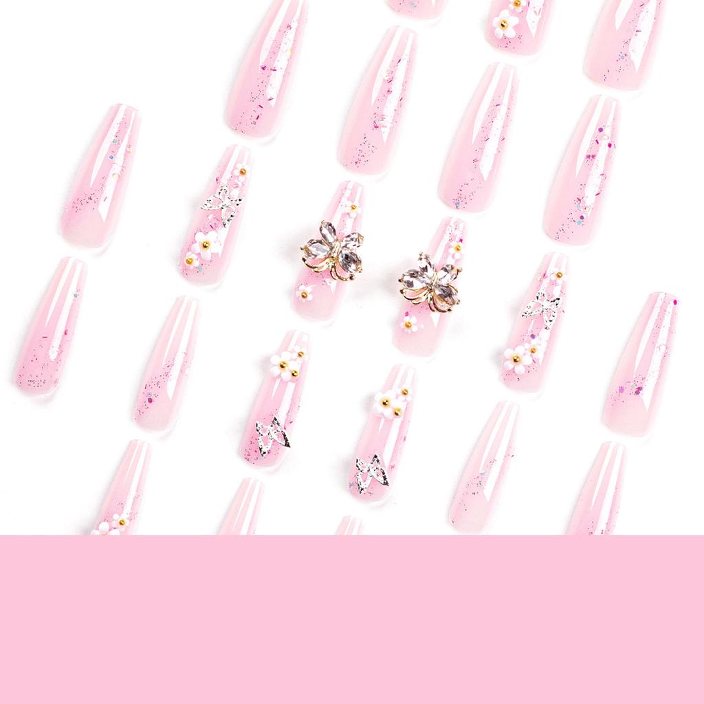 Sweet Pink Glitter Butterfly Press-On Nails with Floral Design