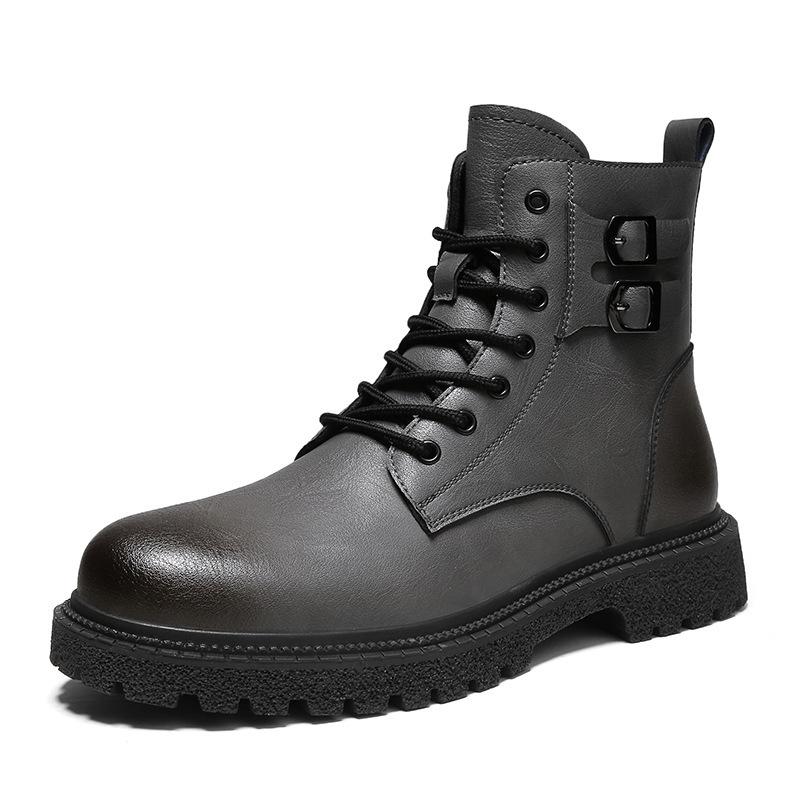 Large Size Martin Boots Men's Leather Boots, Autumn and Winter Leather Short Boots Fleece Thermal Cotton Boots Zipper Locomotive Boots