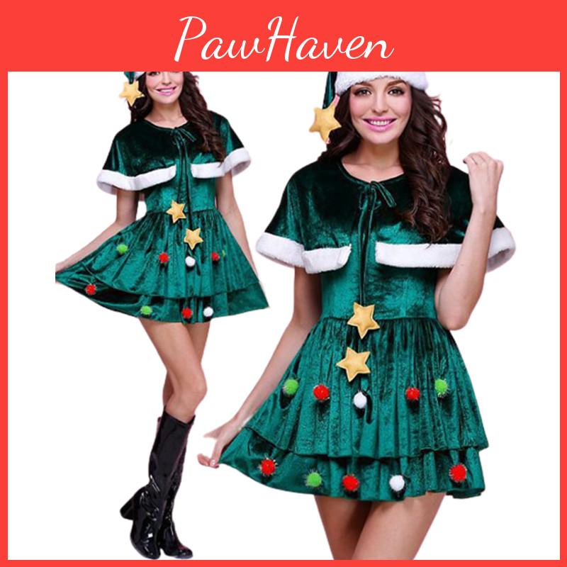 Classic Women Christmas Tree Costume Velvet Dress Cloak Hat Party Props Plus Size