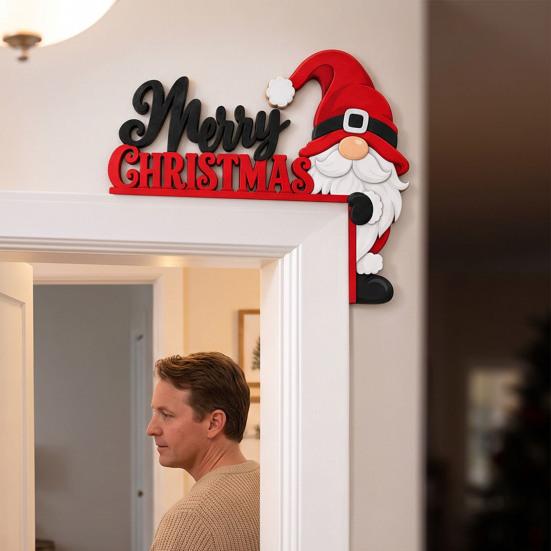 Gnome Door Frame Decoration Christmas Wooden Corner Decor, Festive Gnome/Gingerbread House/Letter Sign, No Holiday Ornament Drill Topper for