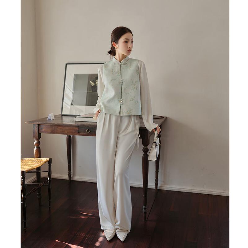 JK&JS Women's Modern Hanfu Style Jacquard Vest with Frog Buttons