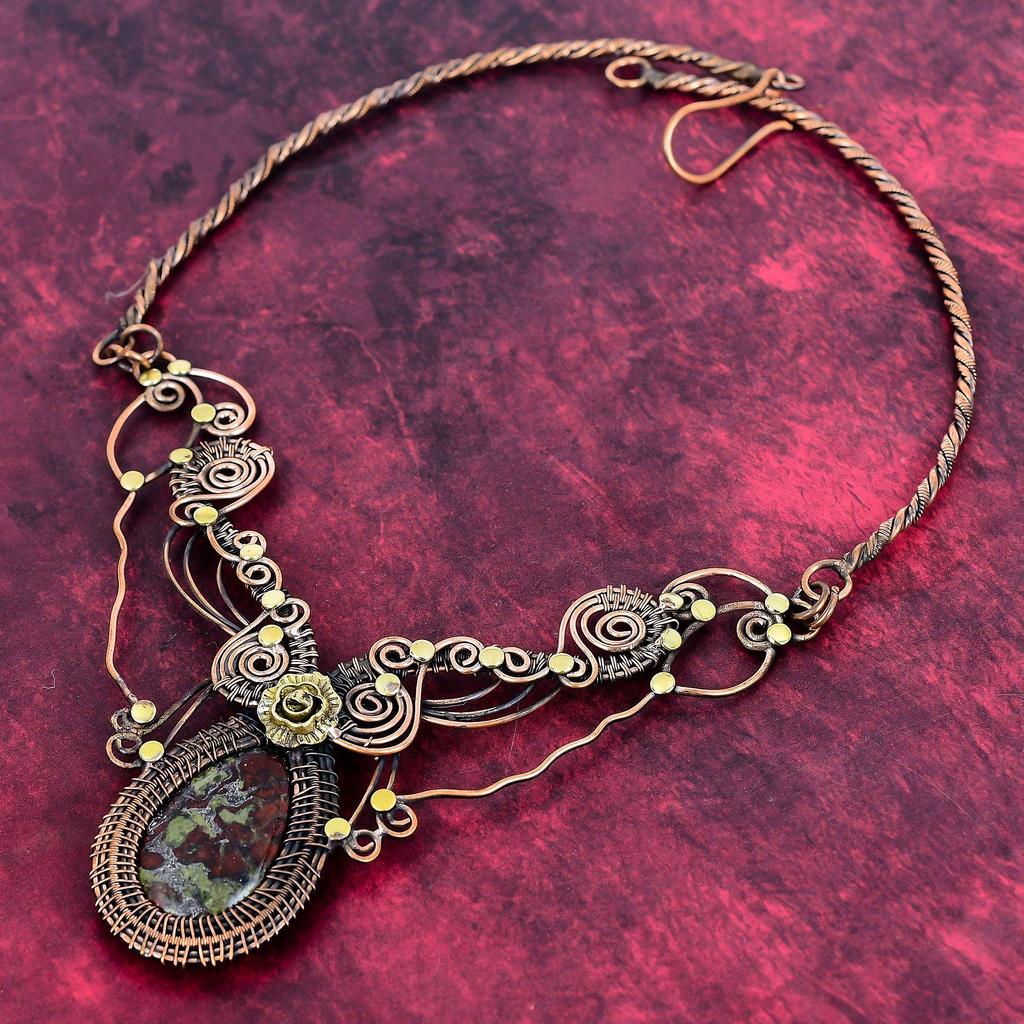 Dragon Bloodstone Gemstone Necklace Copper Wire Wrapped Adjustable Chain Necklace