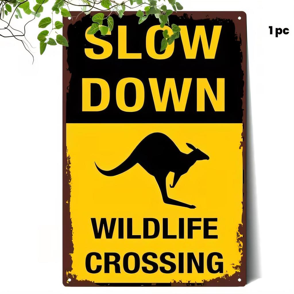 Tin Sign Vintage Slow Down Wildlife Crossing Kangaroo Crossing Road Safety Warning Metal Poster Wall Art for Garage Bar Man Ca