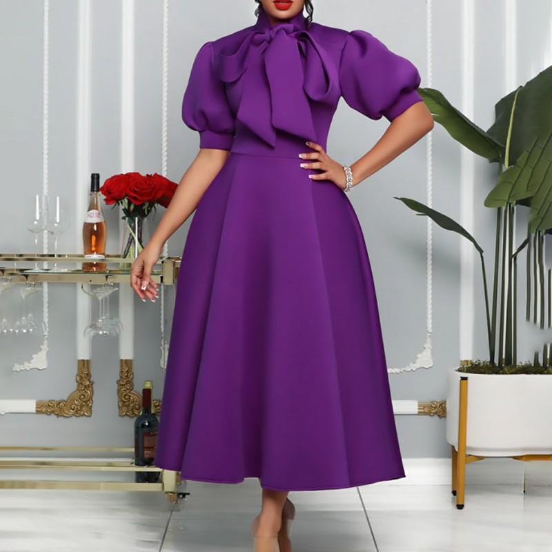 

European American Women s Clothing New Style Socialite Temperament Strap Bow Medium Long African Dress S фиолетовый