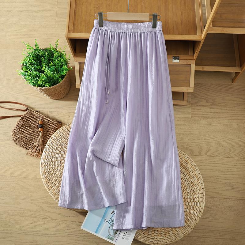 DIMANAF Plus Size 2026 Women Linen Pants Elastic Waist Vintage Basic Lady Solid Lace Wide Leg Long Pants Oversize Loose Tencel