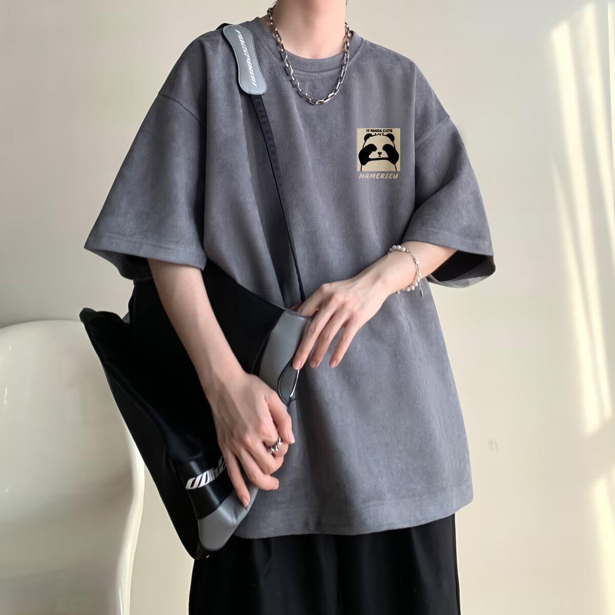 

Футболка свободного кроя с круглым вырезом для мужчин и подростков цвета черного дерева и фиолетового цвета с розовой пандой 3XL серый