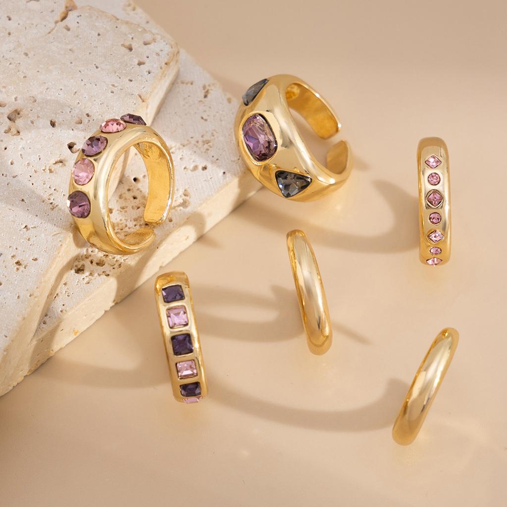 Gold Color Rhinestones Adjustable Opening Rings Inlaid Green Pink Stones Ring For Women 6 Piece Jewelry Gift Collection