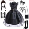 Wednesday Addams Family Cosplay Girl's Mesh Evening Dress with Accessories (One Size)