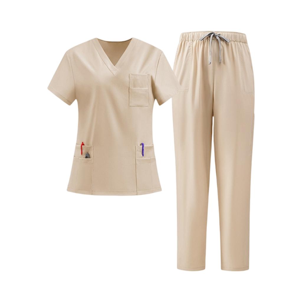 Women Nurse Scrub Set Quick Dry Fabric V Neck Short Sleeve Top with Pockets and Elastic Waist Drawstring Pants Medical Uniform