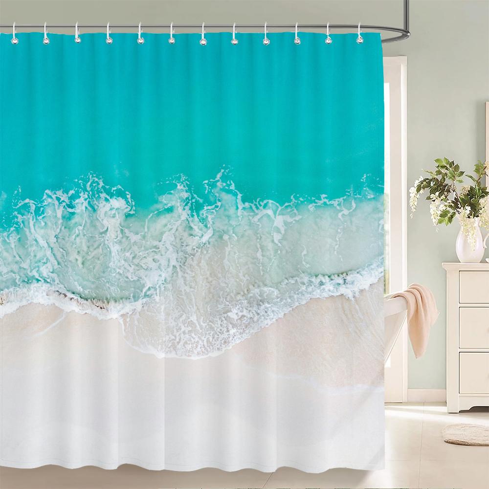 High Quality Sunny Beach Printed Fabric Shower Curtains Sea Scenery Bath Screen Waterproof Products Bathroom Decor with 12 Hooks