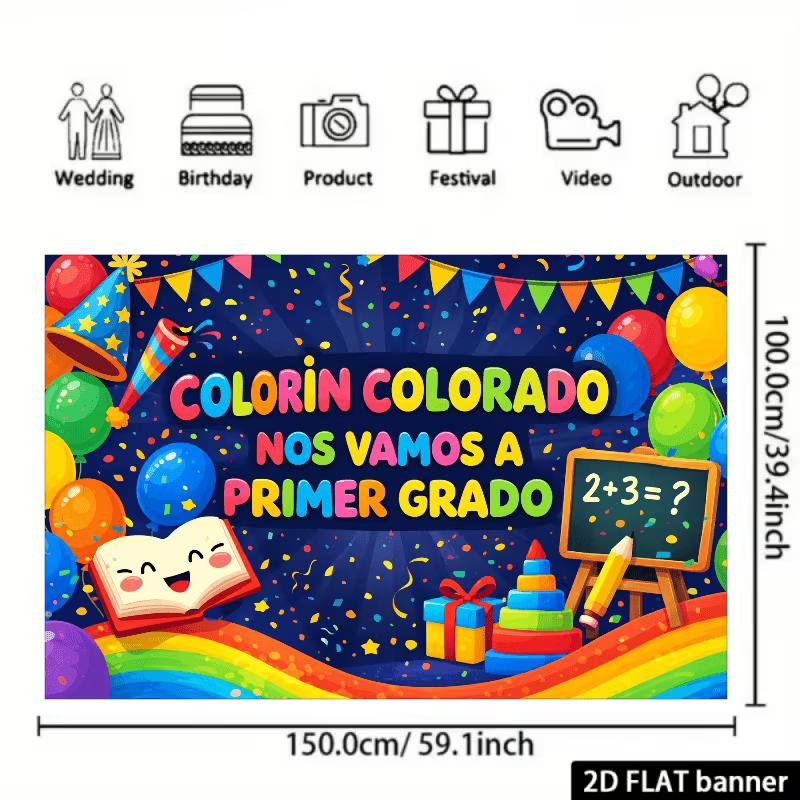 2D Colorful Balloon School Banner, Primer Grado First Grade Party Photo Booth Background