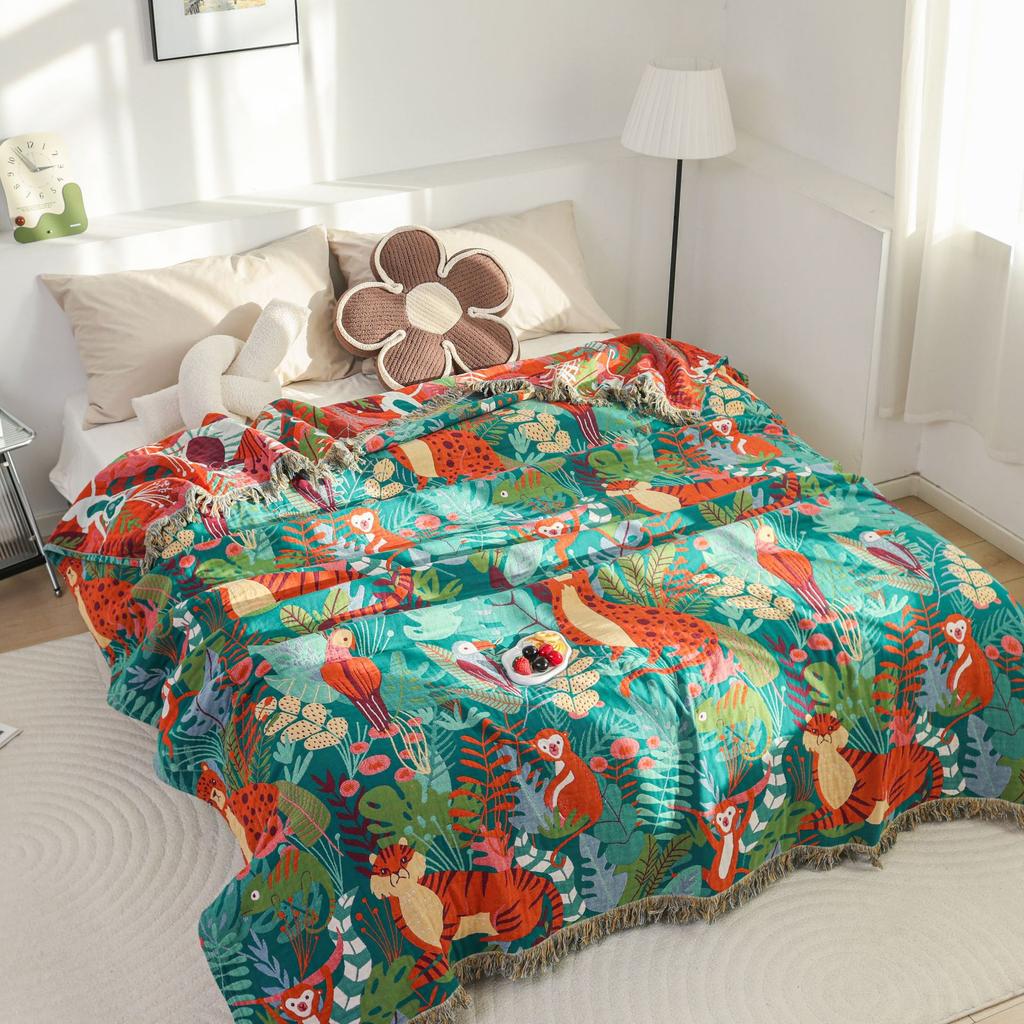 Animal Flower Non-Slip Sofa Towel Cover, Double-Sided Bedspread, Jacquard Cotton Gauze, 200*230 cm, High Quality, Four Seasons
