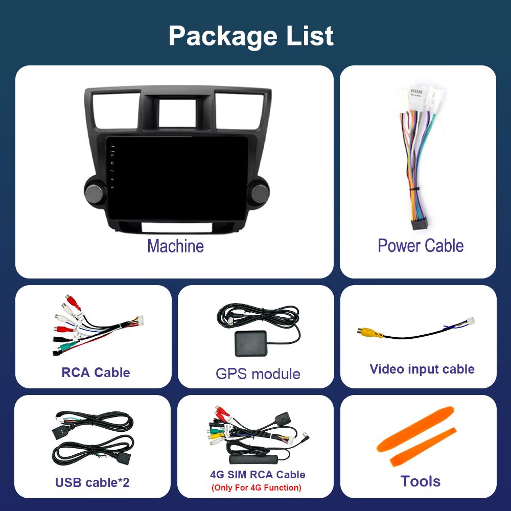 Navigation GPS Car Video Multimedia Player for Toyota Highlander 2007 - 2013 WiFi BT Android OS 4G Carplay Auto Tools DSP Stereo
