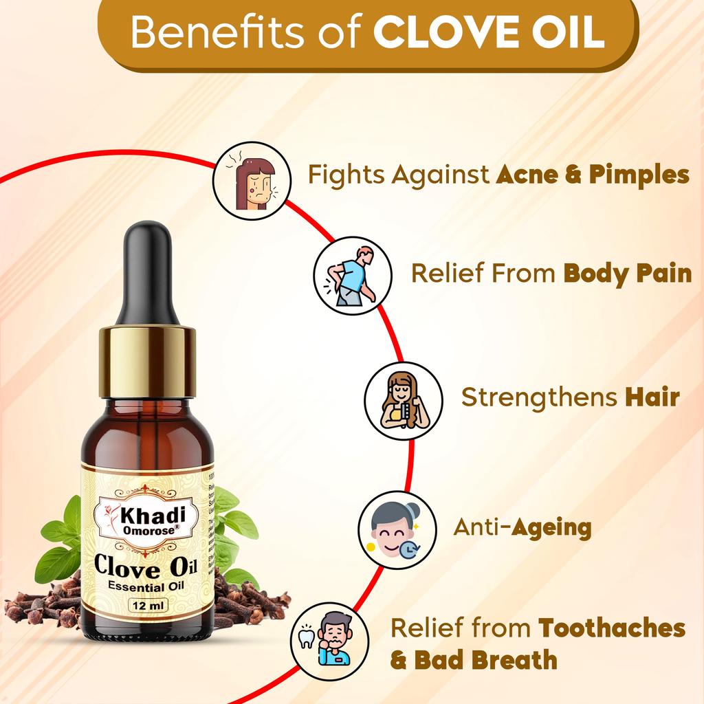 Khadi Omorose Clove Bud Essential Oil | Pure, Natural & Undiluted For Hair, Skin & Tooth (12 ML)