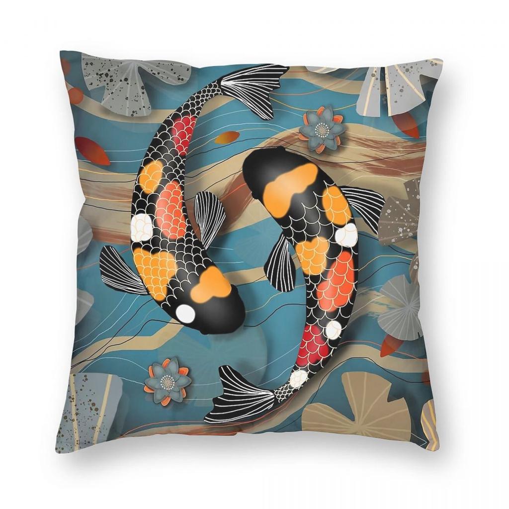 Funda de Almohada Cuadrada para Estanque de Peces Koi Poliéster Lino Terciopelo Estampada con Cremallera Funda de Almohada Decorativa Funda para Cojín de Cama