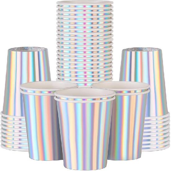 Iridescent Paper Cups 9 oz [50 pack] Disposable Coffee Cup Hot Cold Drinks Tea Water Milk Juice Beverages Holographic Rainbow Party Decorations for